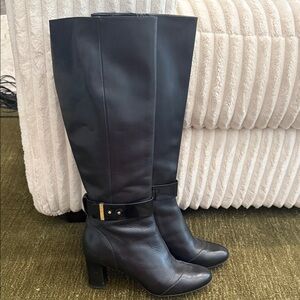 Cole Haan Black Heeled Boots with Gold Buckle